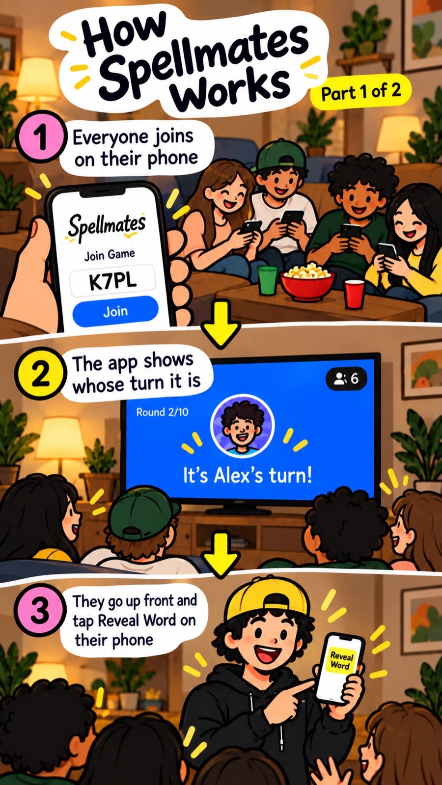 Steps one to three: everyone joins on their phone with the game code, the TV shows whose turn it is, and that player goes up front and taps Reveal Word.