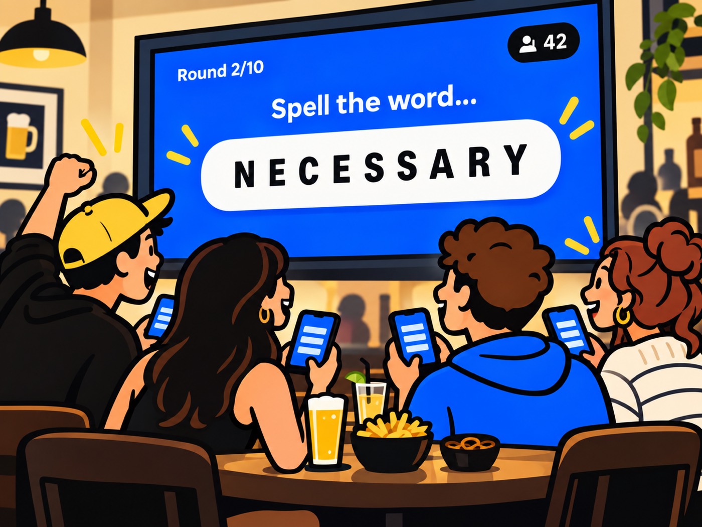 A table of guests in a bar, phones in hand, playing along with the word on the big screen