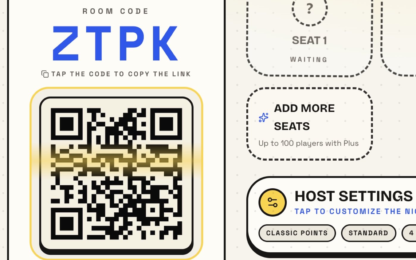 The room code and the QR code guests scan to join