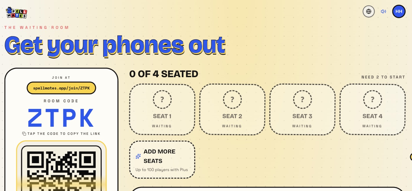 The waiting room on the venue screen, showing the join link, the room code and four empty seats