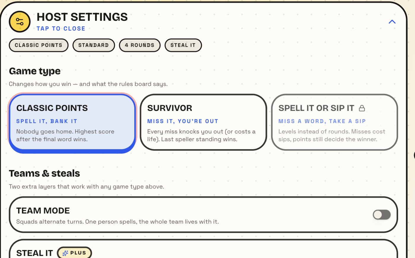Host settings open, showing the choice between Classic Points, Survivor and Spell It Or Sip It